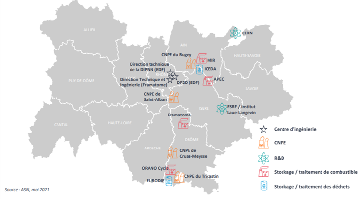 Carte des sites nucléaires en Auvergne-Rhône-Alpes